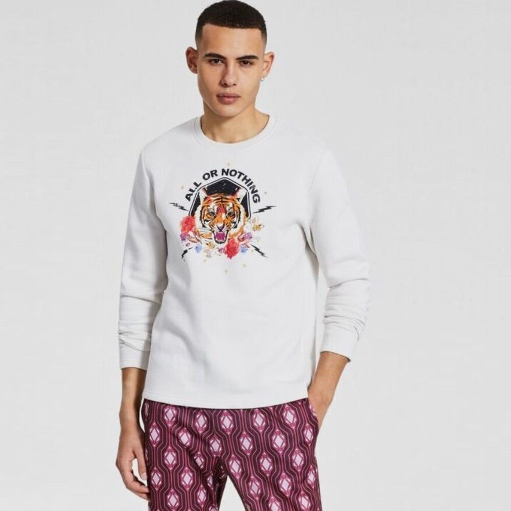 INC International Concepts Sweatshirt Mens M Ivory All Or Nothing Tiger Graphic